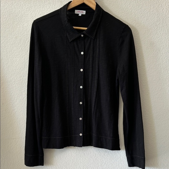Goldie Lewinter Running Stitch Black Button Down Cotton Shirt size L - Picture 2 of 5